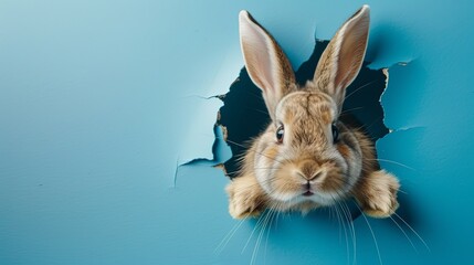 Easter bunny peeking out of paper, blue background with space for text