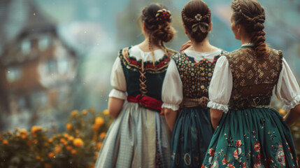 Women's Bavarian in traditional dirndl outfit for Oktoberfest. - obrazy, fototapety, plakaty