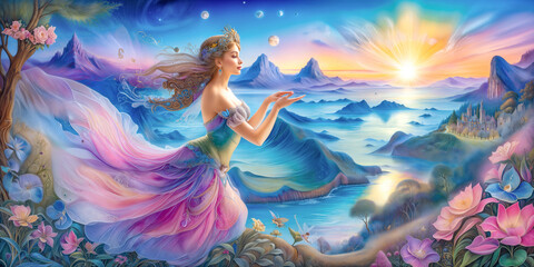 earth goddess standing on a cliff overlooking the ocean. magical fairy background. a paradise like a fairyland. beautiful fantasy painting, earth goddess mythology