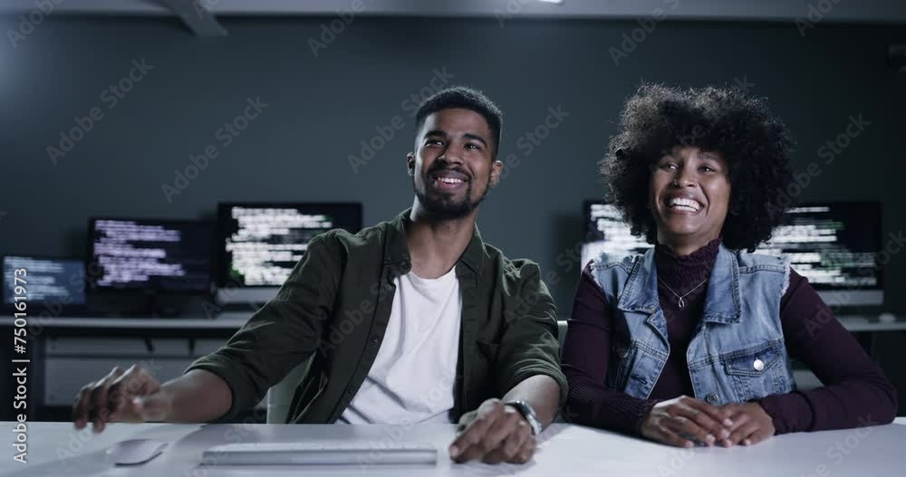Leinwandbilder Software programmer, virtual screen and happy people talk about HTML script, cybersecurity system or code. Programming, developer and night partner teamwork, communication and coding server database