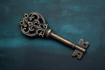 one gold vintage key on a blue background.