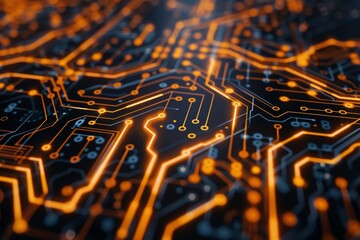 A close up of a circuit board with orange and black lines - obrazy, fototapety, plakaty