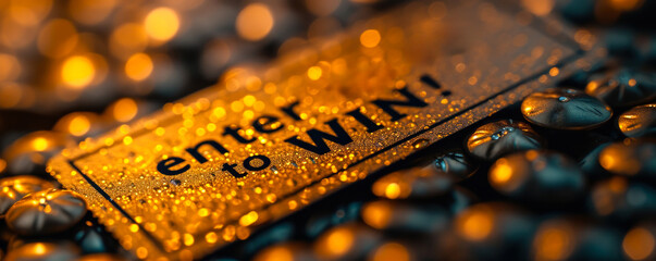 Golden raffle ticket with the phrase enter to WIN! suggesting participation in a lottery, contest, sweepstake, or a chance to win a prize