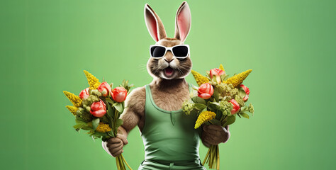 Easter stylish sporty rabbit in sunglasses with bouquets of flowers on green sunny background, creative Easter greeting card - obrazy, fototapety, plakaty