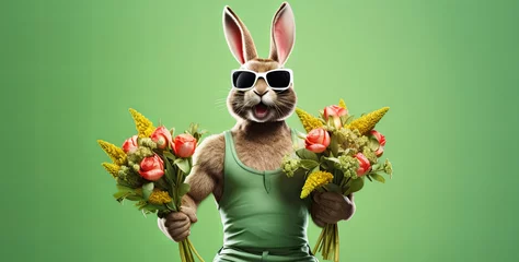 Fotobehang Easter stylish sporty rabbit in sunglasses with bouquets of flowers on green sunny background, creative Easter greeting card © Nastya