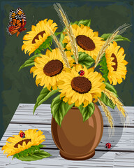 Vase on the table with sunflowers.Vector illustration with a bouquet of sunflowers in a vase on a wooden tabletop.