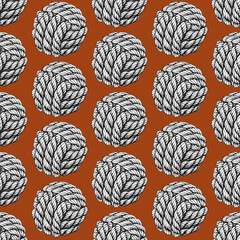 Seamless pattern of knotted ropes cords monkey fist knot ball Nautical thread whipcord with loops and noose, braided, spiral fiber graphic. Illustration hand drawn diagonal on brown background