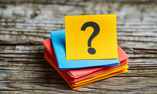 Stack of colorful sticky notes on wooden background with a prominent blue note featuring a black question mark symbolizing inquiry and curiosity - Powered by Adobe