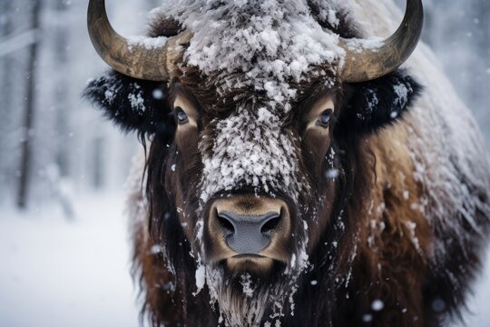 Majestic bison in winter frost setting - high quality image for sale on photo stock