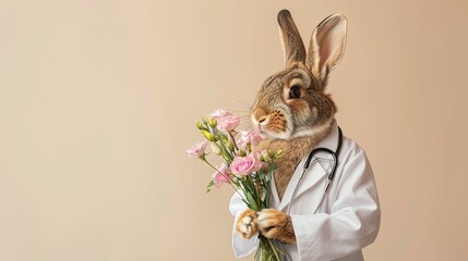 Easter rabbit doctor with stethoscope and bouquet of flowers on pastel background, copy space - obrazy, fototapety, plakaty