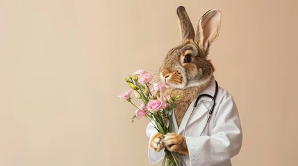 Poster Easter rabbit doctor with stethoscope and bouquet of flowers on pastel background, copy space © Nastya