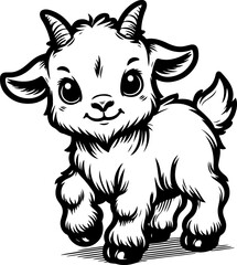 Cute baby goat black outline vector illustration. Coloring book for kids.