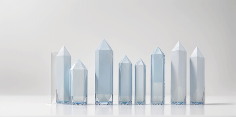 Photo of light crystals on white background in a row, white and blue colors, harmony, energy of stones. Generative AI