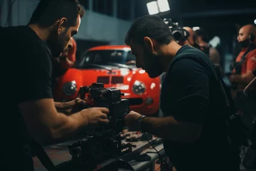 Gordijnen Group of skilled mechanics collaborating to restore a vintage car to its former glory © Александр Клюйко