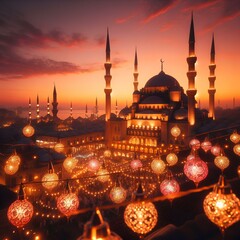 Ramadan Lights Adorn the Evening Sky, Framing a Majestic Mosque