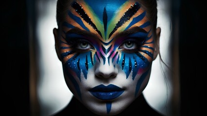 Artistic Brilliance: Captivating the Eye, the Female Model Flaunts a Brightly Painted Face and Flawless Makeup Design