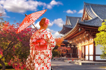 Japan culture. Tokyo city. Geisha woman. Girl in Japanese kimono. Buddhist temple in Tokyo. Japan...