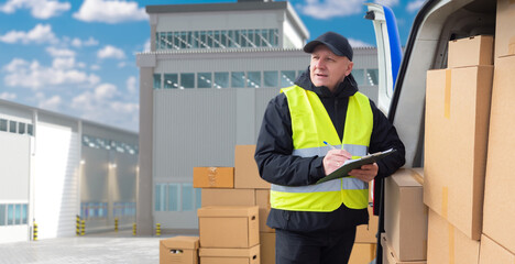 Man courier near minivan. Logistics guy. Employee of transport company near warehouse. Courier arriving at distribution center. Delivery man unloads car with parcels. Courier in reflective vest