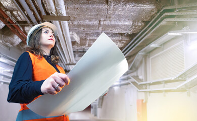Woman engineer is standing in basement. Technologist inspects ventilation pipes. Girl in...