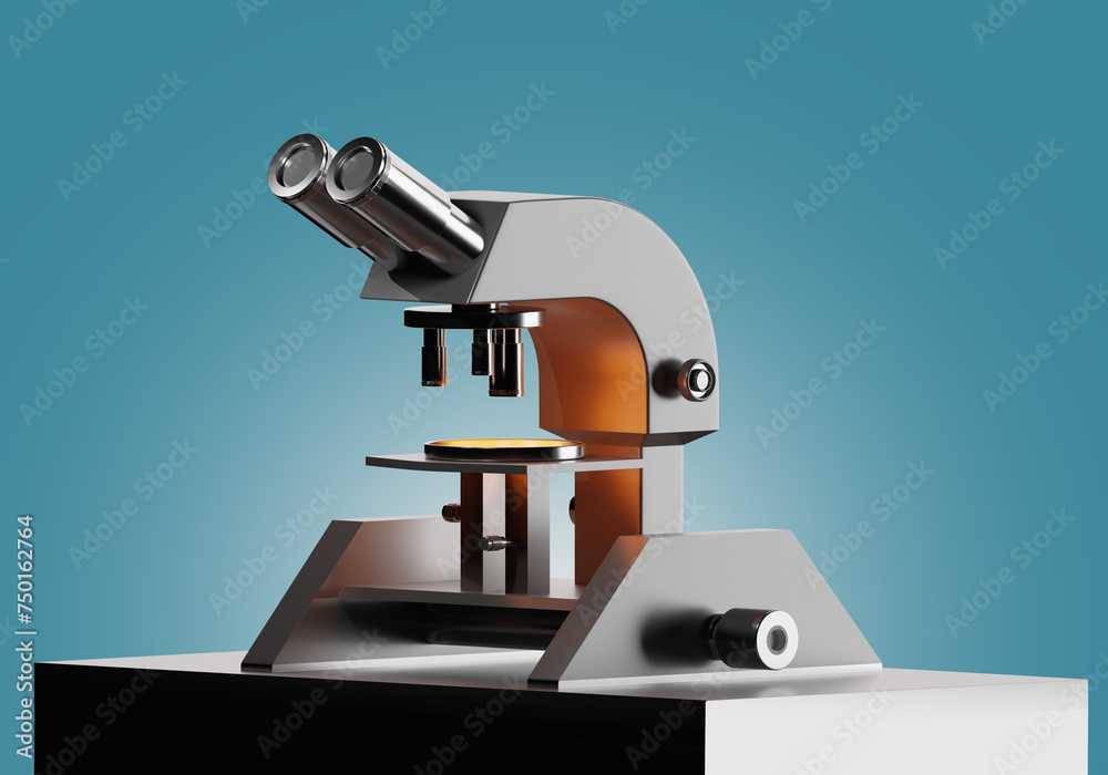 Poster microscope for scientific work. magnifying device for laboratory. minimalistic microscope. laborator