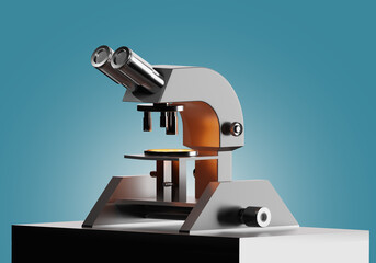 Microscope for scientific work. Magnifying device for laboratory. Minimalistic microscope. Laboratory equipment. Microscope for chemist on turquoise. Equipment for studying cells and atoms. 3d image