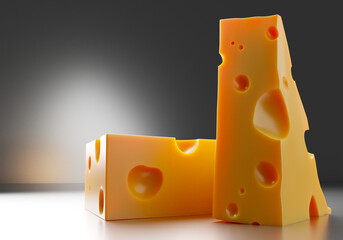 Pieces of cheese lie on table. Maasdam triangles on dark background. Fresh cheese made from natural milk. Maasdam for preparing salads or pizzas. Cheese with big holes. Parmesan, cheddar. 3d image