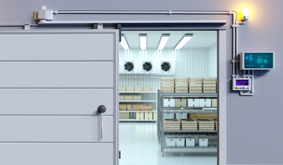 Industrial refrigeration chamber. Gate refrigerated storage. Refrigerator at pharmaceutical...