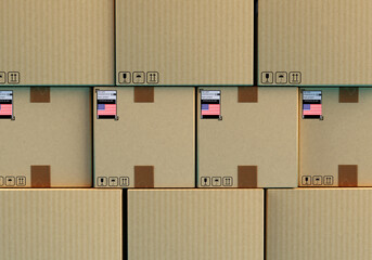 Parcels from USA. Cardboard boxes with America flag. Parcel background. Delivery of goods from USA concept. Boxes for targeted delivery to customer. Products made in USA inside boxes. 3d image