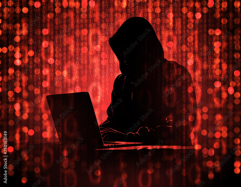 Poster hacker background. silhouette of computer burglar with laptop. male hacker typing code. cyber crimin