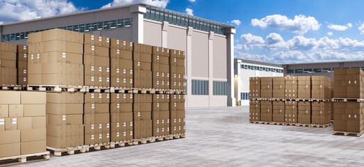 Industrial zone. Boxes near factory building. Pallets with parcels in open air. Industrial zone in...