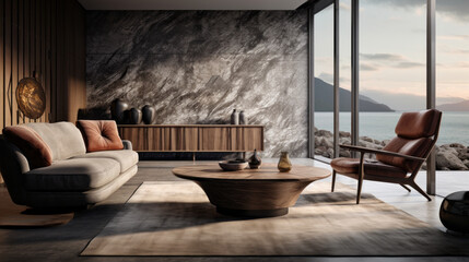 A modern living room with a textured wall finish, a round coffee table, and a velvet armchair