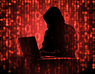 Hacker background. Silhouette of computer burglar with laptop. Male hacker typing code. Cyber...
