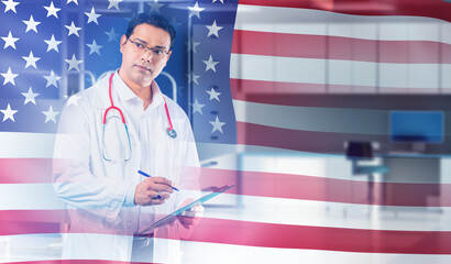 Man doctor from USA. United states health care. American flag. Man doctor from hospital. USA...