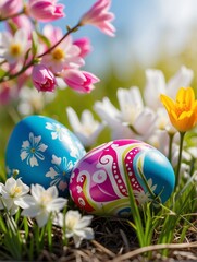 Easter eggs on the grass in the warm spring light. They are painted with multicolored patterns and are surrounded by  many colorful flowers. Christian Easter