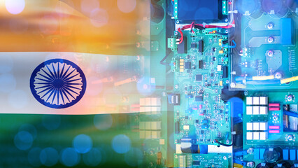 Computer board with India flag. Electronic plan. PCB equipment. Manufacturing of microprocessors in...