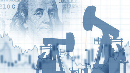 Oil price fluctuations. Financial graph near petroleum pumps. Franklin portrait with dollar bills. Fluctuations in price of crude oil. Chart of growth and decline of oil products. 3d image