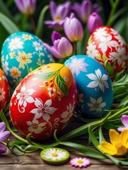 Easter eggs painted with beautiful multicolored floral patterns.