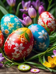 Fototapeta premium Easter eggs painted with beautiful multicolored floral patterns.