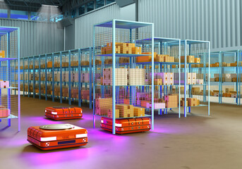 Robotic warehouse. AMR work in storage. Robots move warehouse racks. Robotic storage area. AMR for fulfillment. Industrial robots for warehouses. Automated guided vehicles. 3d image