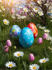 Three Easter eggs on grass, painted with beautiful patterns. They are surrounded by many colorful flowers. Christian Easter.