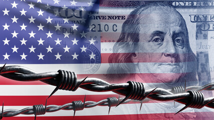 US flag behind barbed wire. Franklin portrait. USA economic sanctions concept. Metaphor money being...