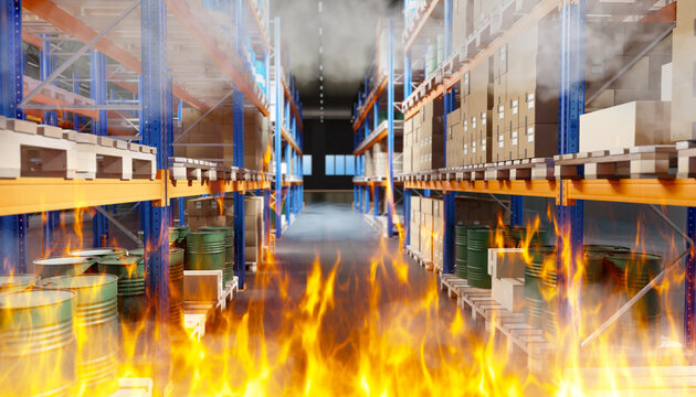 Fire in warehouse. Shelves with boxes and barrels are on fire. Flames spread throughout warehouse building. Fire destroys logistics center. Burning warehouse place for goods. 3d image