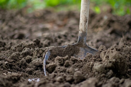 A shovel is in the dirt, and the dirt is brown