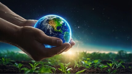 Two hands holding the planet Earth. The Earth is fragile.  Earth day concept. Environmental care concept.