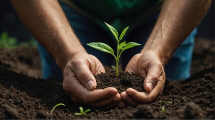 Two hands holding  a tree sapling. Reforestation and environmental care concept.