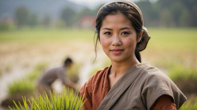 Portrait of a beautiful Asian village woman on a rice plantation. She wears brown and gray clothes.
