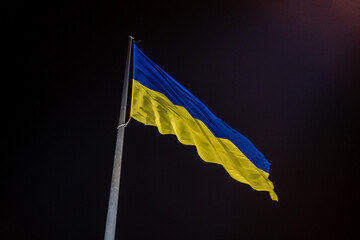 Ukrainian national official flag blowing on night sky background