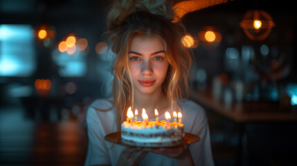 Jeune fille s'apprêtant à souffler les bougies sur son gâteau d'anniversaire, fête d'anniversaire en famille - obrazy, fototapety, plakaty