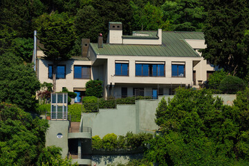 View of buildings and houses in public places in Turkey, sunny summer day