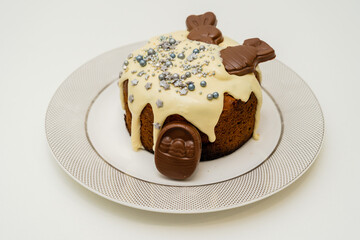 Delicious easter cake on white table. Happy easter, spring holiday